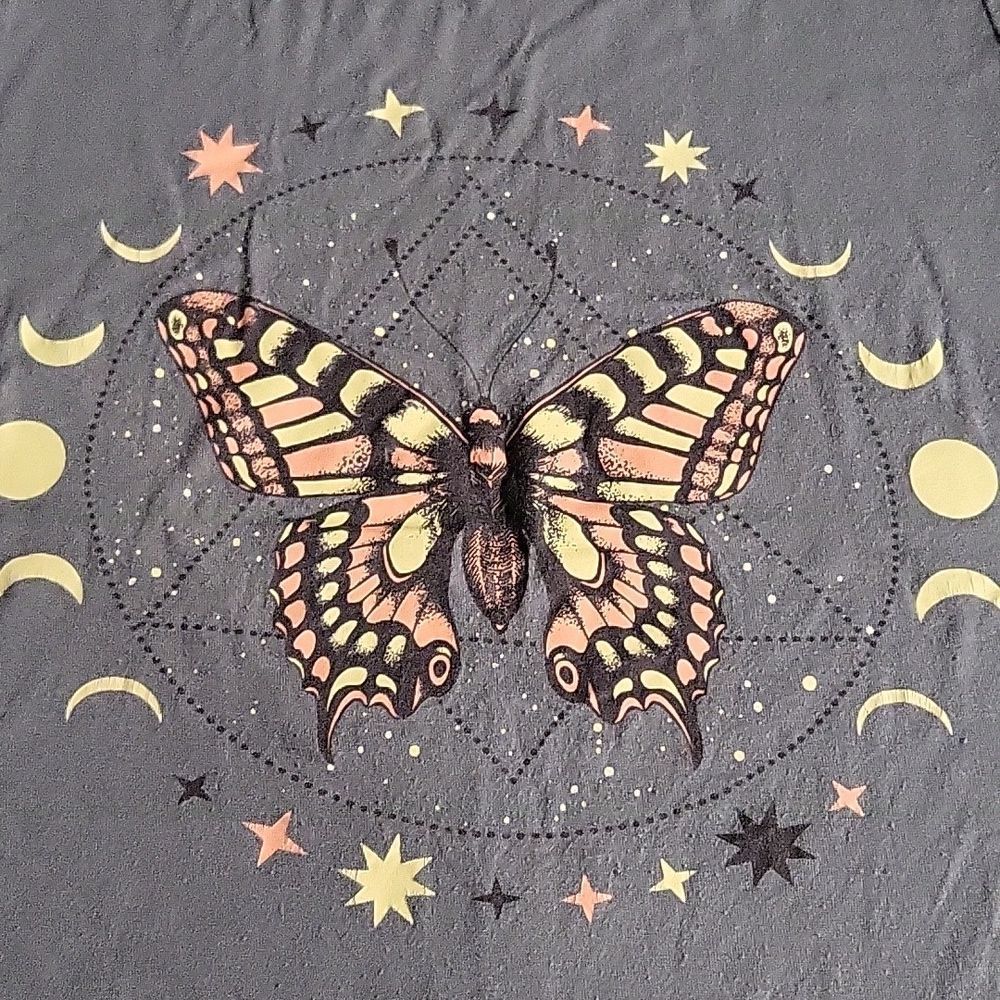 RAGDOLL Grey/Green Butterfly Stars Mooncore Moon Phases Fitted Soft T-Shirt S